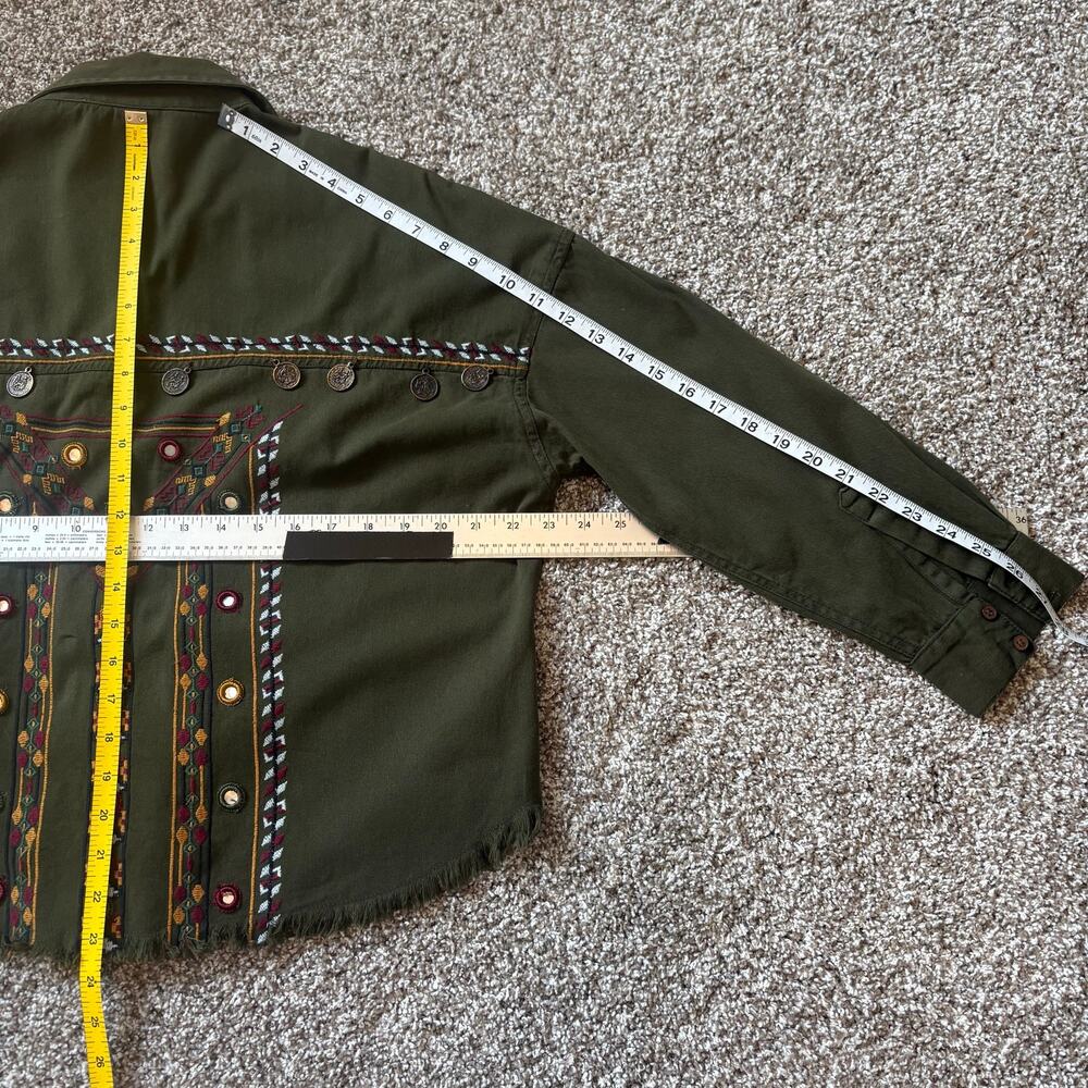 Anthropologie Beautiful Stories Embroidered Olive Jacket M Boho Metal Mirror - Picture 11 of 11